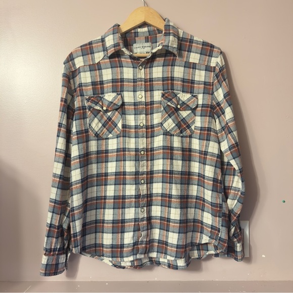Lucky Brand Pearl Snap Flannel Shirt Plaid Blue Cream Mens Size XL - Picture 1 of 9